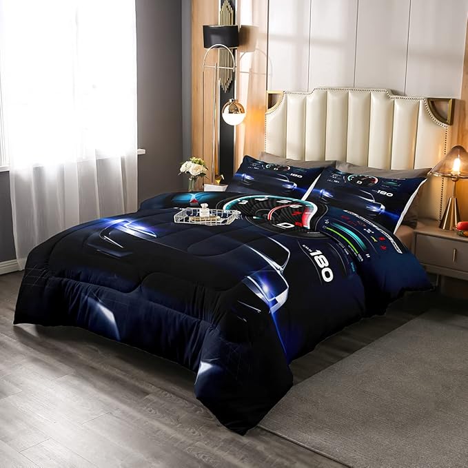 Erosebridal Teens Race Car Comforter Set Twin Size, Kids Cool Speed Racing Car Quilt Set, Extreme Sport Bedding Set for Boys Youth Adult Bedroom, Black Automobile Quilted Duvet for Bedroom - LeafyLoom
