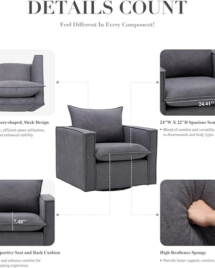 Swivel Accent Chair, 34 Inches Wide Upholstered Arm Chair with Plump Back Pillow, Modern Sofa Living Room Chair for Bedroom, Corner, Reading Nook-Grey - LeafyLoom