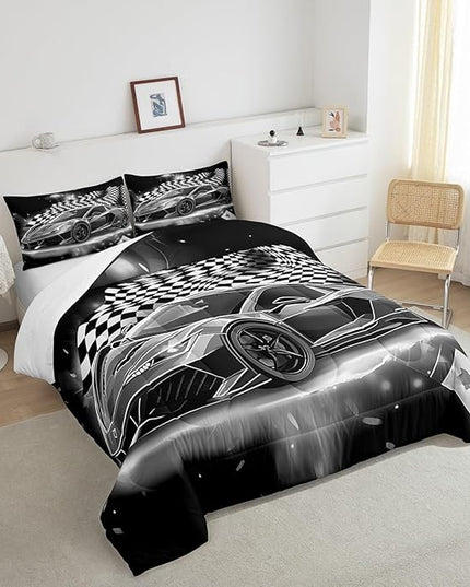 Feelyou Racing Car Comforter Set, Cool Speed Race Car Down Comforter King for Kids Boys Girls Teens Bedroom, Automobile Extreme Sport Bedding Set Plaid Checkered Duvet Sets with 2 Pillowcases,Grey - LeafyLoom