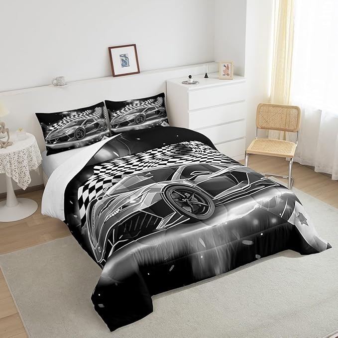 Feelyou Racing Car Comforter Set, Cool Speed Race Car Down Comforter King for Kids Boys Girls Teens Bedroom, Automobile Extreme Sport Bedding Set Plaid Checkered Duvet Sets with 2 Pillowcases,Grey - LeafyLoom