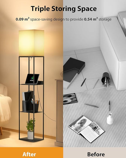 Evajoy Floor Lamp with Shelves, Smart RGB Floor Lamps Work with Alexa, with 2 USB Ports & 1 AC Output, Modern 4-Tier Lamp for Display Storage,Black - LeafyLoom