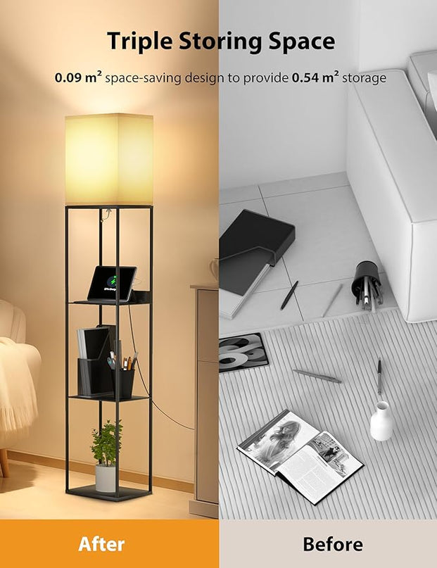 Evajoy Floor Lamp with Shelves, Smart RGB Floor Lamps Work with Alexa, with 2 USB Ports & 1 AC Output, Modern 4-Tier Lamp for Display Storage,Black - LeafyLoom