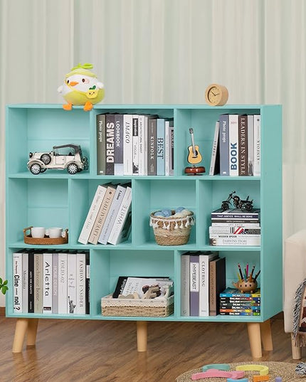 LEYAOYAO 10 Cube Bookshelf,3 Tier Modern Wide Bookcase with Legs,Mid-Century Wood Bookshelves Storage,Mint-Green Large Book Case,Freestanding Organizer Display Shelf for Bedroom,Living Room,Office - LeafyLoom
