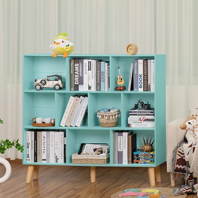 LEYAOYAO 10 Cube Bookshelf,3 Tier Modern Wide Bookcase with Legs,Mid-Century Wood Bookshelves Storage,Mint-Green Large Book Case,Freestanding Organizer Display Shelf for Bedroom,Living Room,Office - LeafyLoom