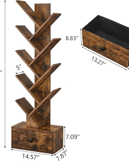 9 Tier Tree Bookshelf, Tree Bookcase with Drawer, Floor Standing Tall Wood Book Shelves Organizer for Living Room, Bedroom, Home Office, Rustic Brown - LeafyLoom