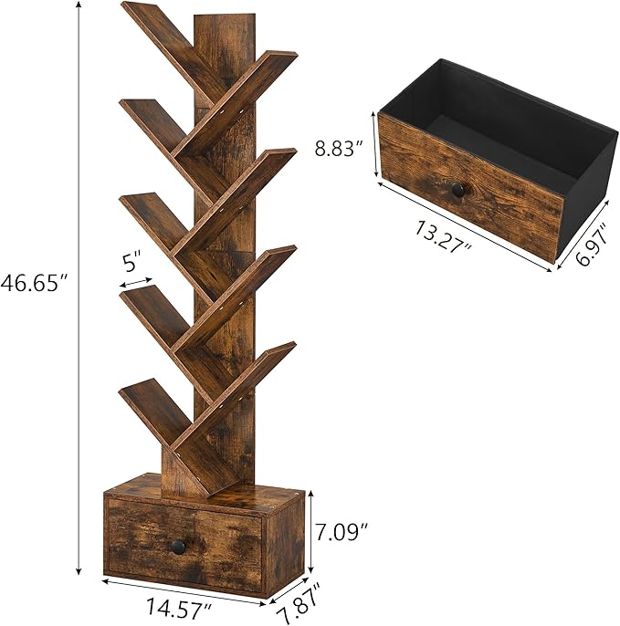 9 Tier Tree Bookshelf, Tree Bookcase with Drawer, Floor Standing Tall Wood Book Shelves Organizer for Living Room, Bedroom, Home Office, Rustic Brown - LeafyLoom