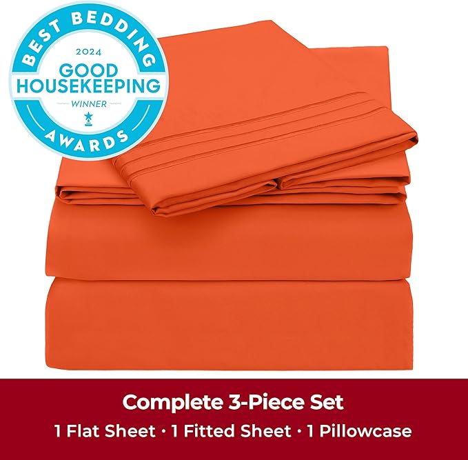 Mellanni Twin Sheets Set - 3 PC Iconic Collection Bedding Sheets & Pillowcases - Hotel Luxury, Extra Soft, Cooling Bed Sheets - Deep Pocket up to 16 inch (Twin, Poppy Orange) - LeafyLoom