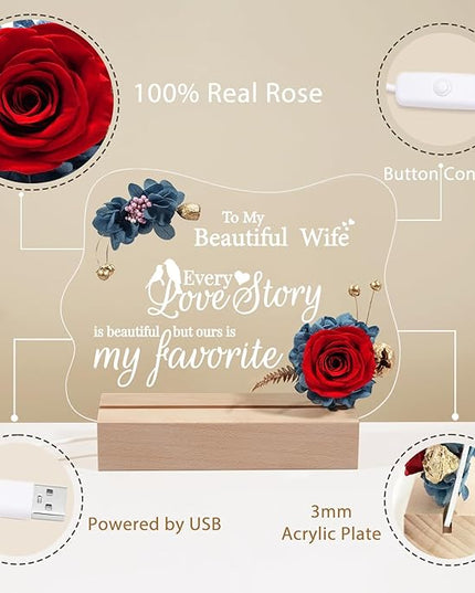 Valentines Day Gifts for Her, Handmade Acrylic Plaque with Eternal Real Rose, Night Light with Preserved Rose Romantic Gifts for Girlfriend Wife Women (Favorite Love Story) - LeafyLoom