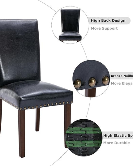 COLAMY Upholstered Parsons Dining Chairs Set of 4, PU Leather Dining Room Kitchen Side Chair with Nailhead Trim and Wood Legs - Black - LeafyLoom