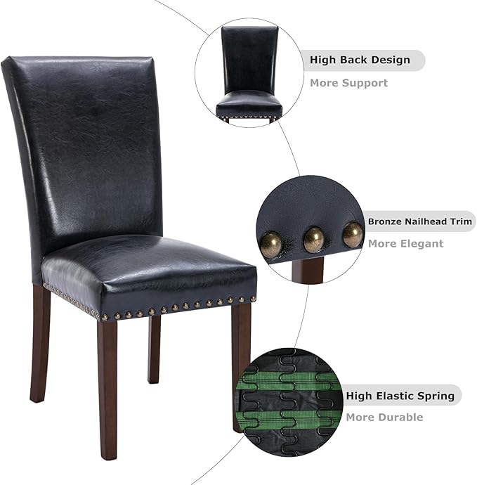 COLAMY Upholstered Parsons Dining Chairs Set of 4, PU Leather Dining Room Kitchen Side Chair with Nailhead Trim and Wood Legs - Black - LeafyLoom