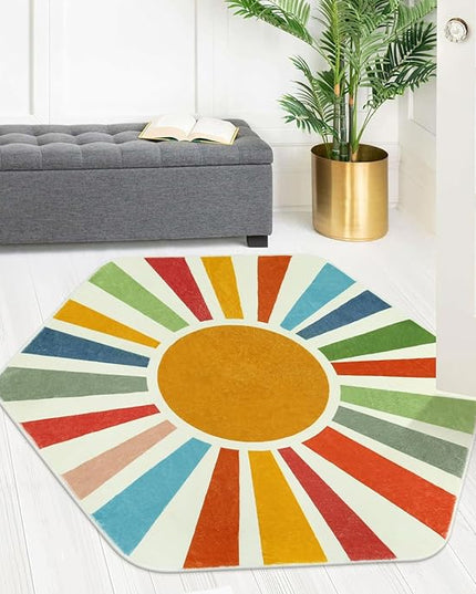 Rainbow Machine Washable Rug for Playroom Kids Room, 4'x 4'7" Boho Sun Kids Rug for Girls Boys, Non-Slip Sunshine Carpet Small Play Rug for Classroom Reading Corner Dorm - LeafyLoom