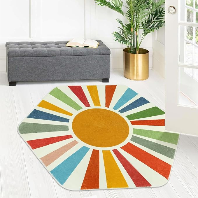 Rainbow Machine Washable Rug for Playroom Kids Room, 4'x 4'7" Boho Sun Kids Rug for Girls Boys, Non-Slip Sunshine Carpet Small Play Rug for Classroom Reading Corner Dorm - LeafyLoom