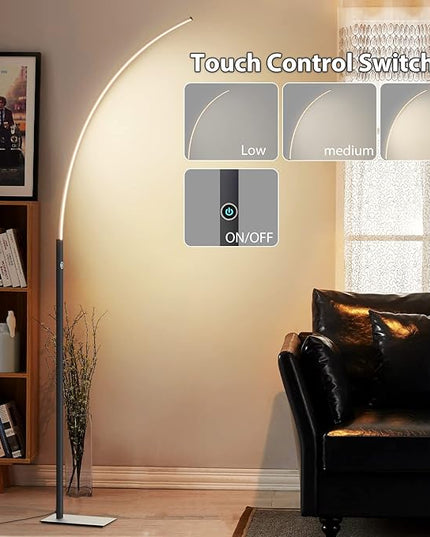 Arc Corner Floor Lamp - 3000K Warm White & 3 Brightness Presets - Curved LED Standing Lamp with Touch Switch - 63" Modern Floor Lamp for Living Room, Bedroom (Black) - LeafyLoom