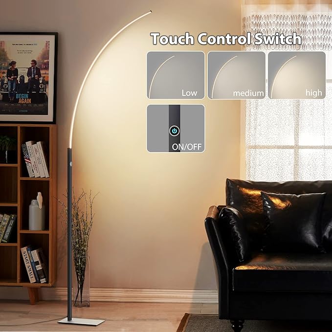 Arc Corner Floor Lamp - 3000K Warm White & 3 Brightness Presets - Curved LED Standing Lamp with Touch Switch - 63" Modern Floor Lamp for Living Room, Bedroom (Black) - LeafyLoom