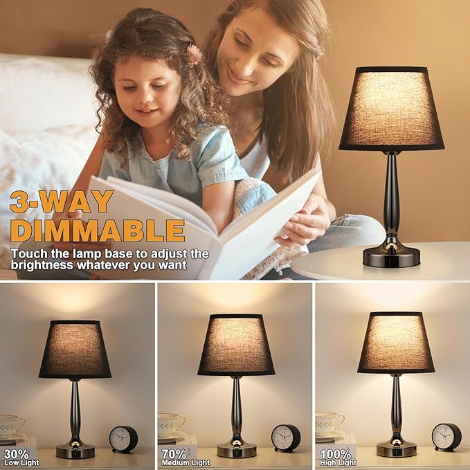 Kakanuo Touch Bedside Lamp for Bedroom with USB C Port, Small Touch Table Lamp with 2 USB Charging Ports, 3 Way Dimmable Nightstand Lamp for Living Room and Office - Black (LED Bulb Included) - LeafyLoom