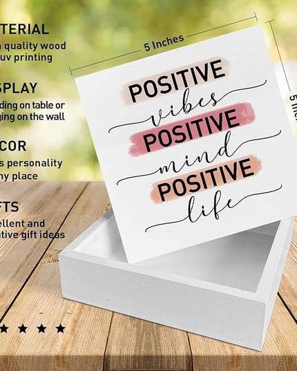 Home Office Desk Wooden Box Sign Decor, Positive Vibes Mind Life, Inspirational Quotes Desk Decor Motivational Desk Decorations for Women Girls Teens Student Office Classroom School - LeafyLoom