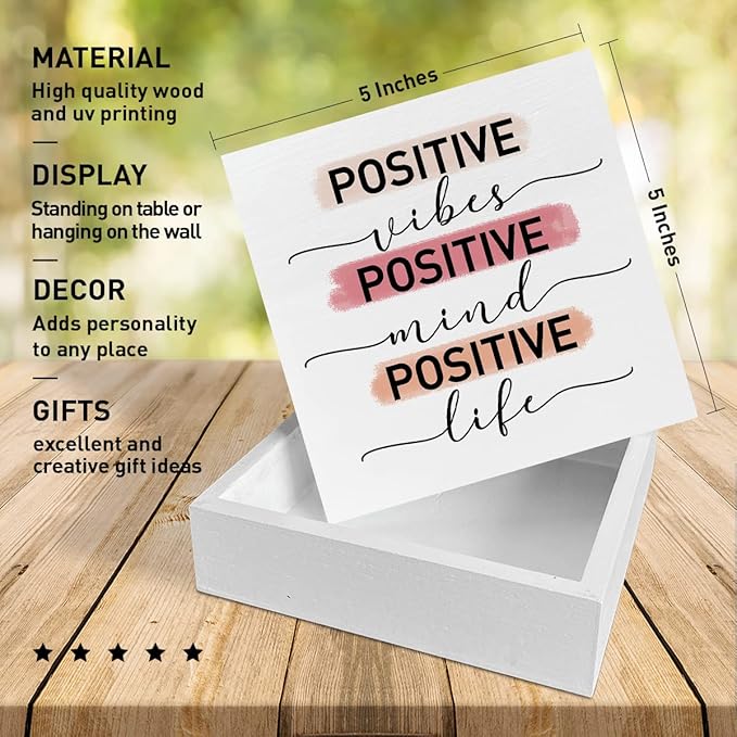 Home Office Desk Wooden Box Sign Decor, Positive Vibes Mind Life, Inspirational Quotes Desk Decor Motivational Desk Decorations for Women Girls Teens Student Office Classroom School - LeafyLoom