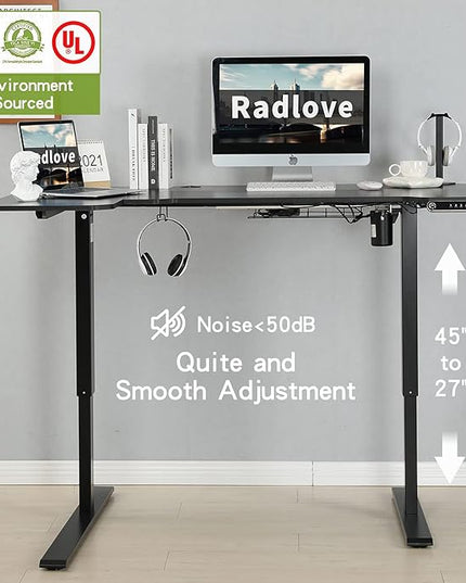 Radlove 59-Inch Large Electric Height Adjustable Computer L-Shaped Desk with Memory Controller Corner Standing Desk Modern Workstation with Splice Board Game Ergonomic Desk (Black Frame + Black Top) - LeafyLoom