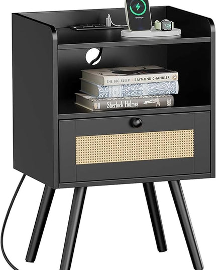 SUPERJARE Nightstand with Charging Station & Rattan-Like Decor Drawer, Rattan End Table with Solid Wood Feet, Bed Side Table with Open Storage, for Bedroom, Living Room, Dormitory - Black - LeafyLoom