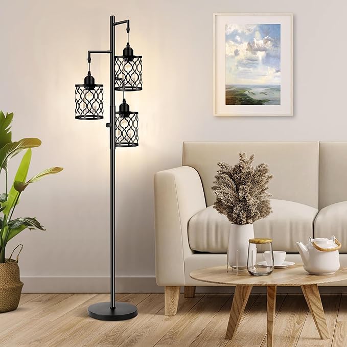 Dimmable Farmhouse Floor Lamp, Industrial Floor Lamp for Living Room with 3 X 6W LED Bulbs, 3 Light Rustic Standing Tall Lamp for Bedroom, Office, 68" - LeafyLoom