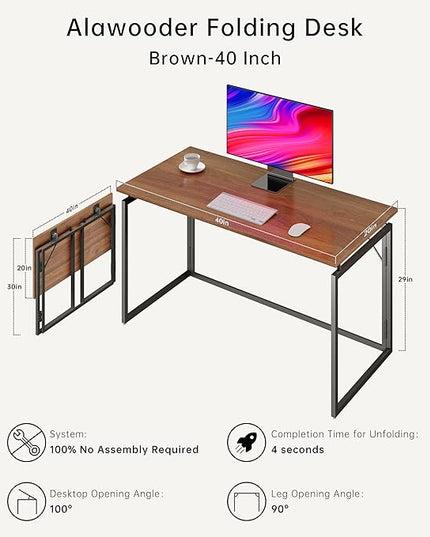 Folding Desk 40 Inch - Small Foldable Desk for Small Space Minimalist, Space Saving Collapsible Compact Desk Portable Table for Craft, Writing, Study and Work (No Assembly Required) - LeafyLoom