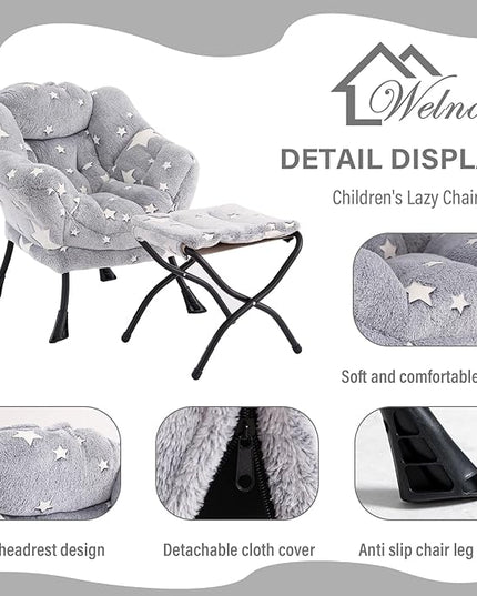 Welnow Toddler Kids Lazy Chair with Ottoman, Glow in The Dark Accent Comfy Lounge Children Armchair Couch with Removable Cover, Detachable Reading Chair with Footrest for Boy or Girl, Grey Star - LeafyLoom