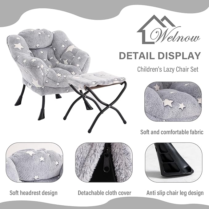 Welnow Toddler Kids Lazy Chair with Ottoman, Glow in The Dark Accent Comfy Lounge Children Armchair Couch with Removable Cover, Detachable Reading Chair with Footrest for Boy or Girl, Grey Star - LeafyLoom