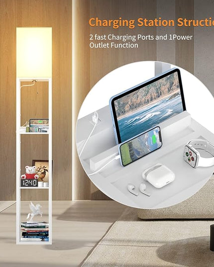 PAZZO Floor Lamp with Shelves, Shelf Floor Lamps by Real Solid Wood with 2 Charging Ports and 1 Power Outlet, Floor Lamps for Bedrooms, Lamps for Living Room,Bulb Included,White - LeafyLoom