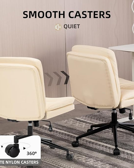 Armless Office Chair with Wheels Wide Desk Chair Leather Mid Back Accent Chair Padded Swivel Vanity Chair for Girl Women Computer Task Chair for Home Office (Leather, Beige) - LeafyLoom