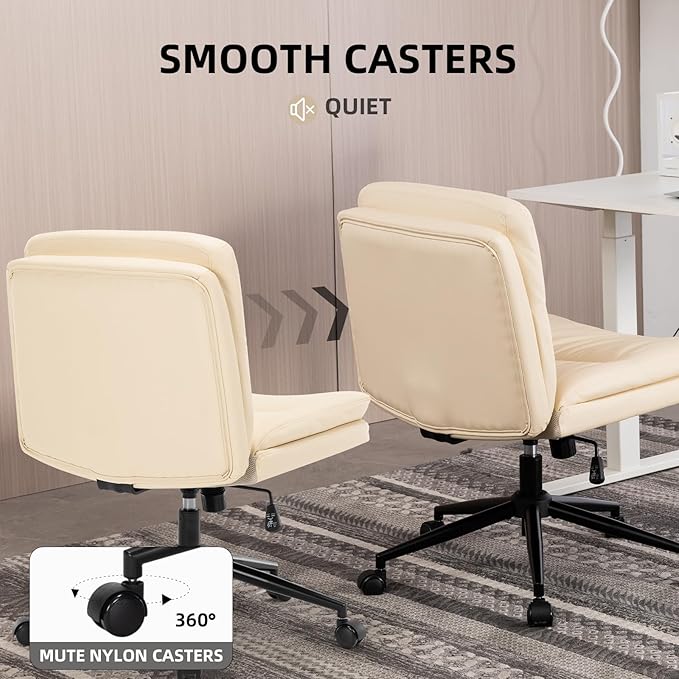 Armless Office Chair with Wheels Wide Desk Chair Leather Mid Back Accent Chair Padded Swivel Vanity Chair for Girl Women Computer Task Chair for Home Office (Leather, Beige) - LeafyLoom
