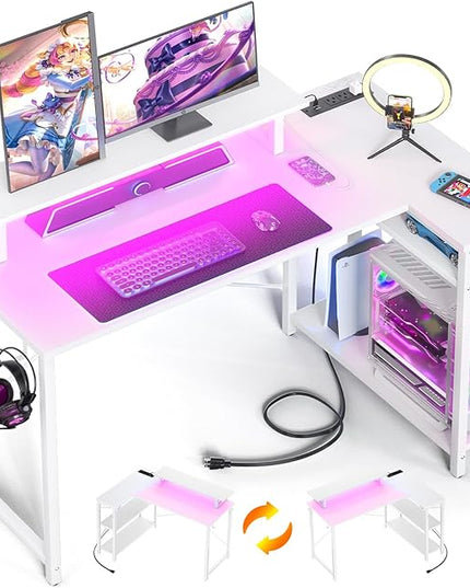 Homieasy L Shaped Gaming Desk with Power Outlet & LED Light, 47 Inch Computer Desk with Storage Shelves, Reversible Corner Desk with Monitor Stand Headset Hooks for Home Office, White - LeafyLoom