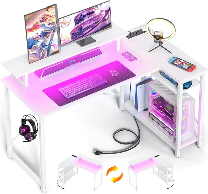 Homieasy L Shaped Gaming Desk with Power Outlet & LED Light, 47 Inch Computer Desk with Storage Shelves, Reversible Corner Desk with Monitor Stand Headset Hooks for Home Office, White - LeafyLoom