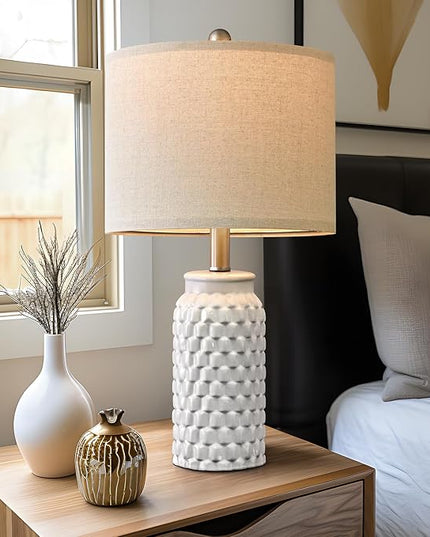 20.5" White Modern Ceramic Bedside Lamp Set of 2 for Bedroom Decor Farmhouse Table Lamp for Living Room Office Dorm - LeafyLoom