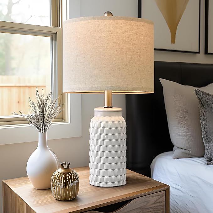20.5" White Modern Ceramic Bedside Lamp Set of 2 for Bedroom Decor Farmhouse Table Lamp for Living Room Office Dorm - LeafyLoom