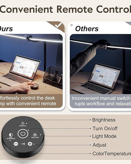 Brightown LED Desk Lamp for Office Home, 24W Double Head Architect Desk Lamp with Clamp, Remote Control, Hand Sweep Switch, Stepless Lighting, Flexible Gooseneck Dimming Table Light - LeafyLoom