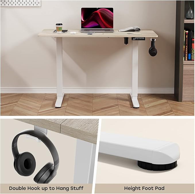 Electric Standing Desk, 48 X 24 Inches Adjustable Height Desk, Modern Sit Stand Up Desk with Splice Board and 2 Hooks, Ergonomic Rising Desk for Home Office, Oak Wood Grain - LeafyLoom