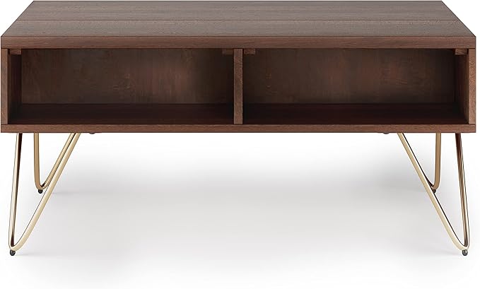 SIMPLIHOME Hunter SOLID MANGO WOOD and Metal 36 inch Wide Rectangle Industrial Contemporary Small Lift Top Coffee Table in Umber Brown And Gold, for the Living Room and Family Room - LeafyLoom