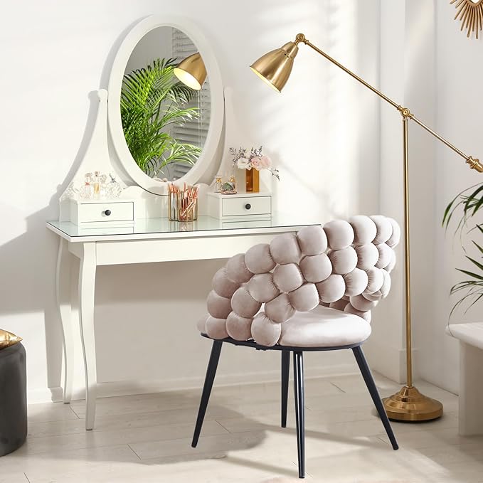 White Woven Velvet Barrel Accent Chairs with Black Metal Legs, Upholstered Armchair for Dining Room Vanity Living Room - LeafyLoom