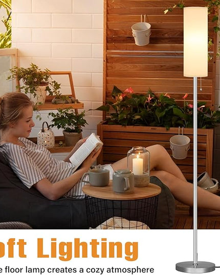 Ambimall Floor Lamp for Living Room with 3 Color Temperatures Bulb, 64" Standing lamp with Linen lampshade for Bedroom, Minimalist Pole Lamp, White Shade & Silver Pole - LeafyLoom