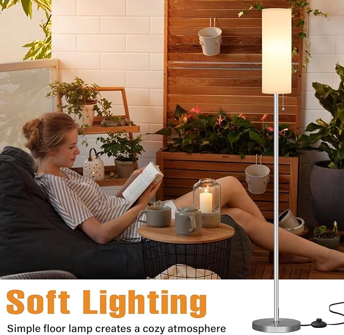 Ambimall Floor Lamp for Living Room with 3 Color Temperatures Bulb, 64" Standing lamp with Linen lampshade for Bedroom, Minimalist Pole Lamp, White Shade & Silver Pole - LeafyLoom