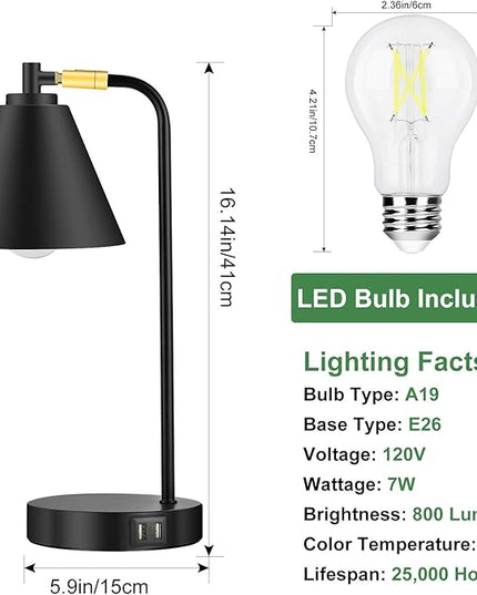 Industrial 3 Way Dimmable Touch Control Desk Lamp with 2 USB Ports & AC Outlet Bedside Nightstand Reading Lamp Flexible Head Farmhouse Black Table Lamp for Office Bedroom Living Room Bulb Included - LeafyLoom