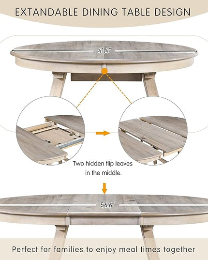 NicBex Small Dining Table Set for 4 Kitchen Table and Chairs 5-Piece Wood Dining Table Set Round Extendable Dining Table with 4 Dining Chairs for Dining Room, Natural Wood Wash - LeafyLoom