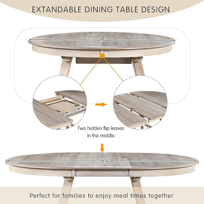 NicBex Small Dining Table Set for 4 Kitchen Table and Chairs 5-Piece Wood Dining Table Set Round Extendable Dining Table with 4 Dining Chairs for Dining Room, Natural Wood Wash - LeafyLoom