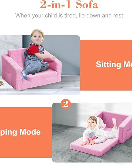 Kids Couch,2-in-1 Toddler Chairs for Girl,Kids Sofa with Storage,Comfortable Kids Sofa Bed,Fun Kids Lounge Chair,Toddler Furniture,Kids Playroom,Children'S Gifts (Pink) - LeafyLoom