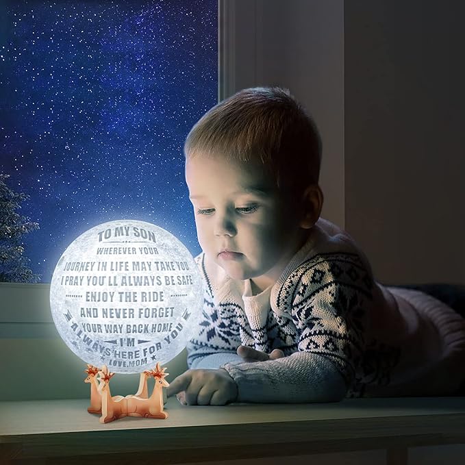 Engraved 3D Moon Lamp Christmas Gifts for Son, to My Son from Mom, Personalized 5.9 Inch 3D Printing Moon Light for Son Birthdays Graduation Gifts - LeafyLoom