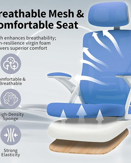 Ergonomic Office Chair, Mid Back Desk Chair with Adjustable Height, Swivel Chair with Flip-Up Arms and Lumbar Support, Breathable Mesh Computer Chair with Headrest (White and Blue) - LeafyLoom