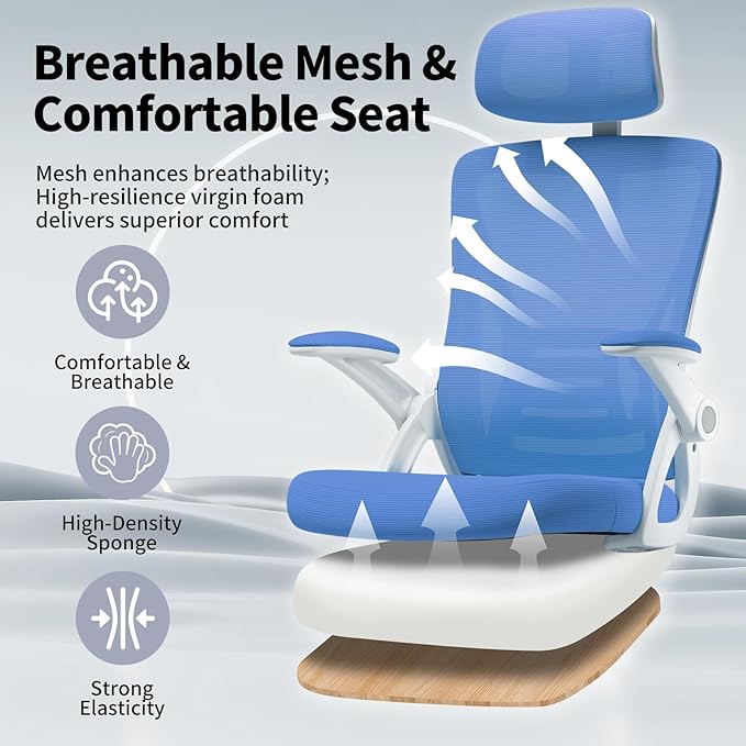 Ergonomic Office Chair, Mid Back Desk Chair with Adjustable Height, Swivel Chair with Flip-Up Arms and Lumbar Support, Breathable Mesh Computer Chair with Headrest (White and Blue) - LeafyLoom