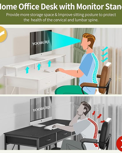 Yoobure Computer Desk with Drawers, Office Desk with LED Lights & Outlets Small Desk with Storage Shelves, Gaming Desk with Monitor Stand, 48" White Desk for Bedroom Home Office Desks for Small Space - LeafyLoom