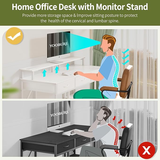 Yoobure Computer Desk with Drawers, Office Desk with LED Lights & Outlets Small Desk with Storage Shelves, Gaming Desk with Monitor Stand, 48" White Desk for Bedroom Home Office Desks for Small Space - LeafyLoom