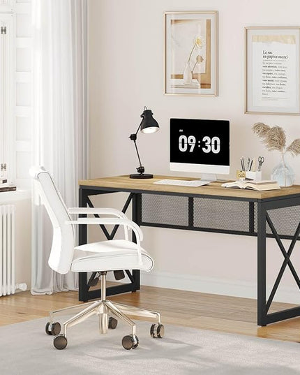BON AUGURE Farmhouse Computer Desk, Modern Industrial Home Office Desk, Wood Metal Study Writing Table, Sturdy Gaming Desk (Vintage Oak, 54 Inch) - LeafyLoom